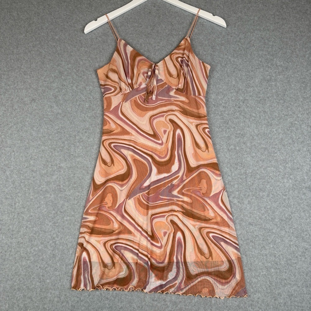 No Comment Dress Womens S Brown Swirl Mesh Y2K Boho Psychedelic Retro Festival